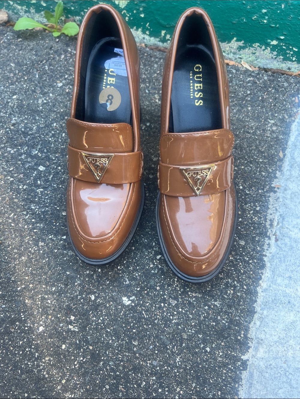 GUESS Men's Patent Leather Slip-On Loafers in Cognac Brown